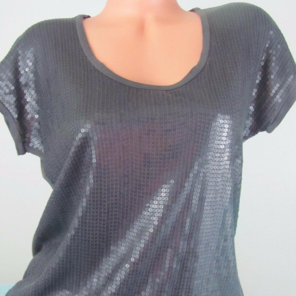 EXPRESS Gray Sequin Shiny Cocktail Evening Short Sleeve Blouse top shirt Sz XS
